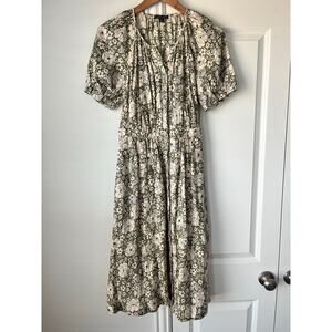 Brooks Brothers Womens Green Floral Midi Dress Sz 4 100% Linen Natural Fibers